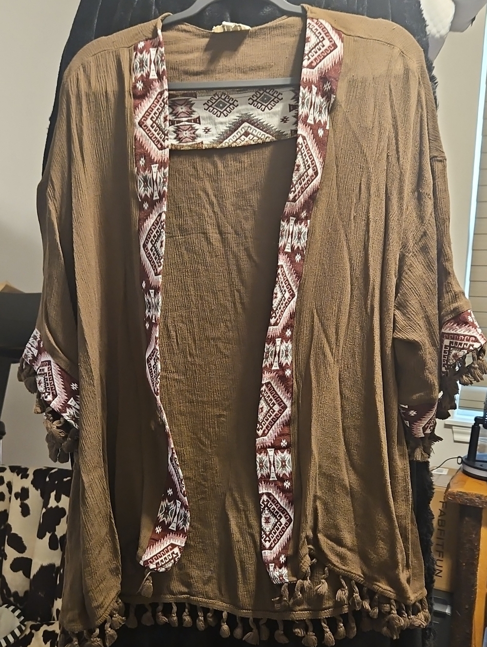 Umgee Brown Open-Front Boho Tassel Cape with Patterned Trim
